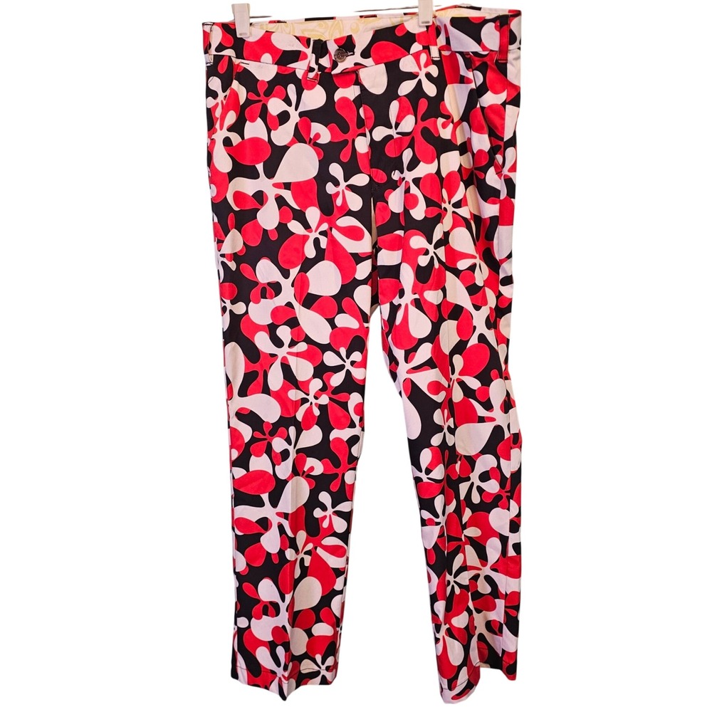 Loudmouth Golf Mod Floral Print Pants Men's 35x29 Red Black White Retro Stretch